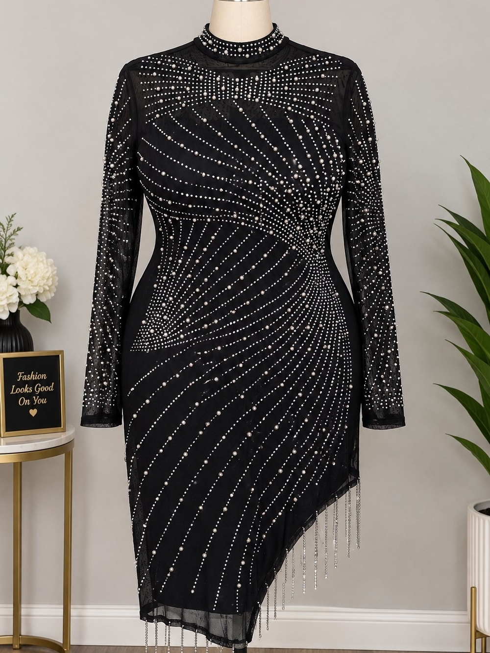 Black Long-Sleeve Rhinestone Asymmetric Cocktail Dress